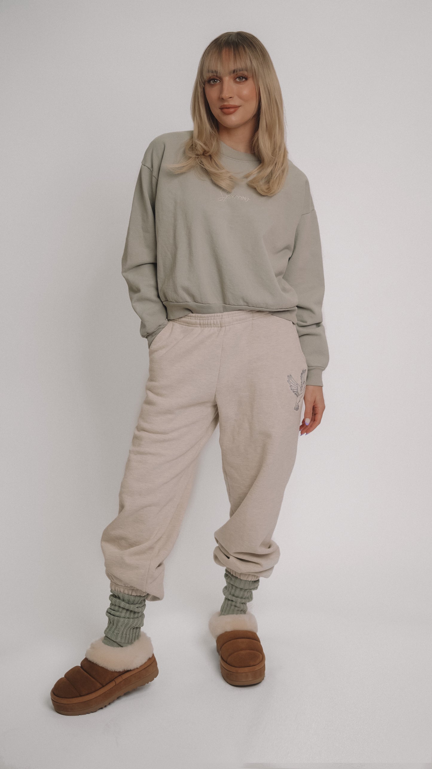 Britt Balyn: Embroidered Sage Sparrow Cropped Crewneck