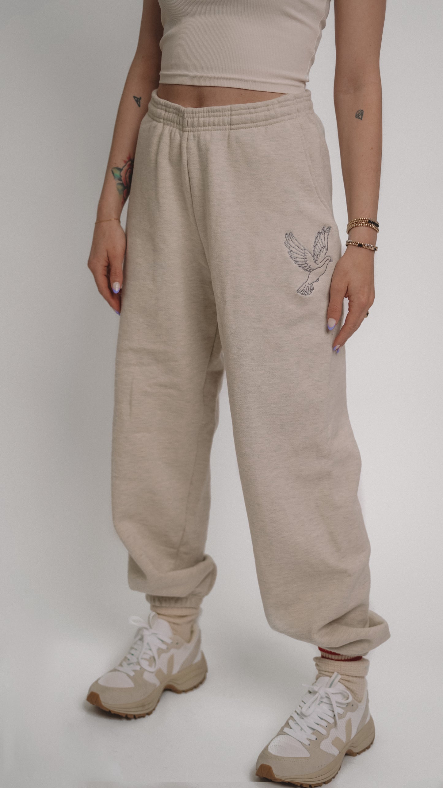 Britt Balyn: Embroidered Oatmeal Cotton Fleece Sweatpants