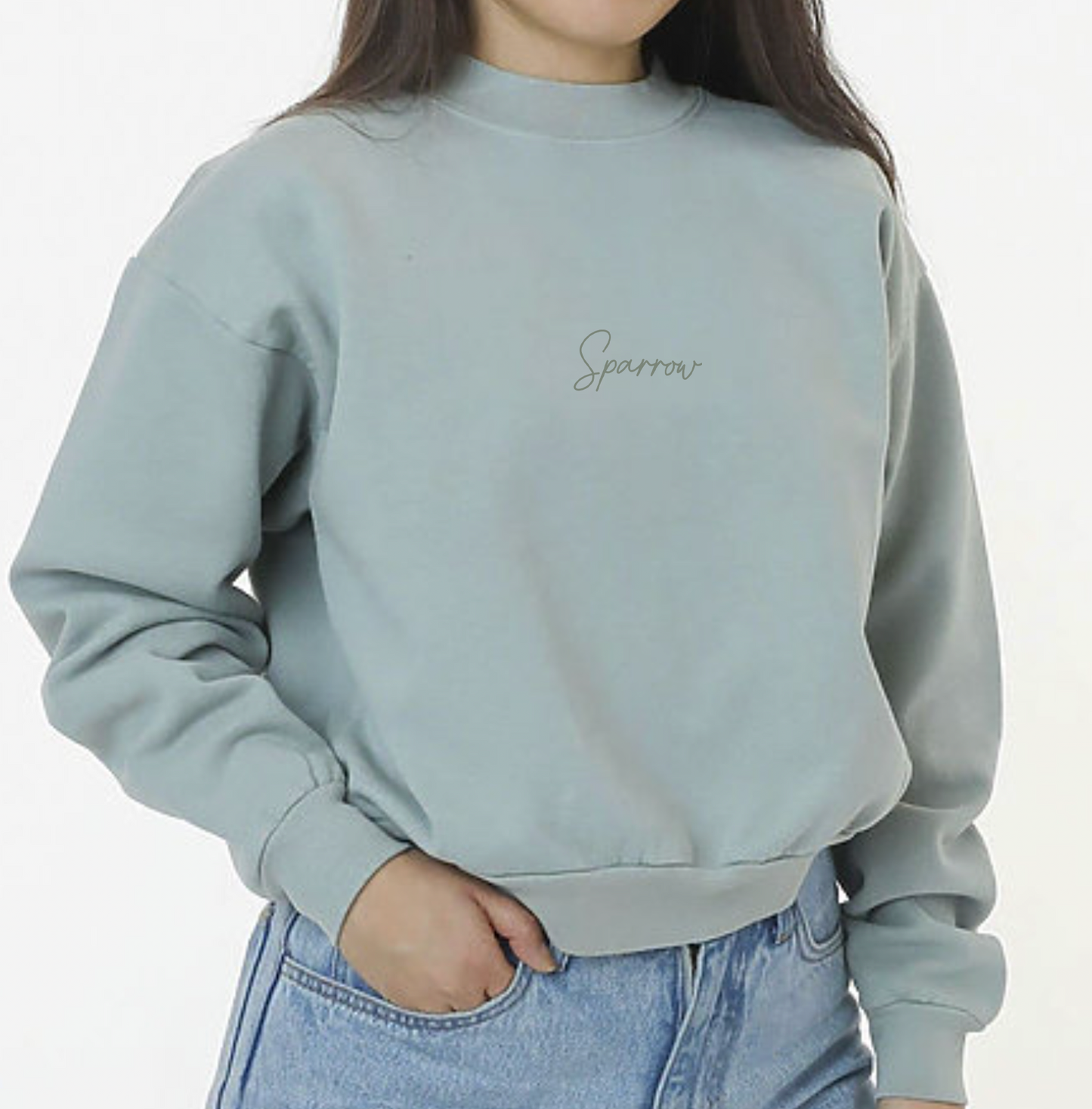 Britt Balyn: Embroidered Sage Sparrow Cropped Crewneck